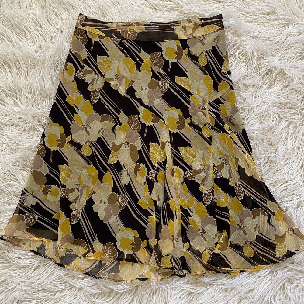 Floral skirt beautiful mustard/brown yellow flowy silk skirt S 4 boho